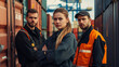 © Trendistudio - The trustworthy expressions of men and women working at a container loading dock at a port doing export and import business. Generative AI