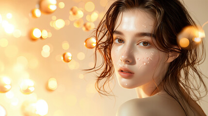 Elegant Model Featuring Radiant Dewy Skin and Floating Vitamin K Extracts in a Clean, Minimalist Setting