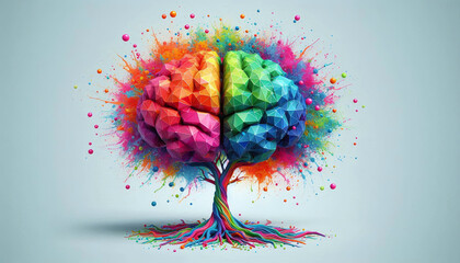 Poster - 3D polygon colorful tree brain splash brainstorm and inspire concept
