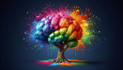 Poster - 3D polygon colorful tree brain splash brainstorm and inspire concept
