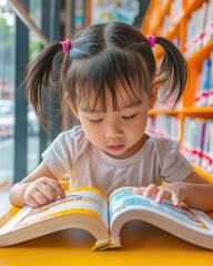 Wall Mural - A young girl is engrossed in a book. AI.