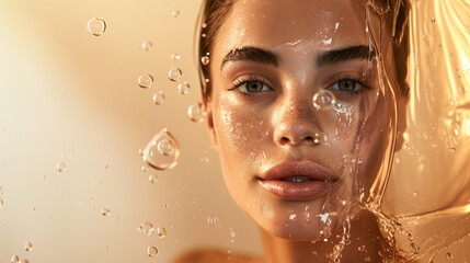 Beautiful Model with Dewy Glowing Skin on Soft Minimalist Background Surrounded by Floating Molybdenum Extracts