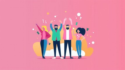 Poster - startup pitch competition, excited presenters with audience, flat design illustration