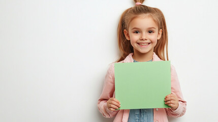 Girl holding green blank billboard or blank notice board in studio on white background, photo for advertising information, Generative AI