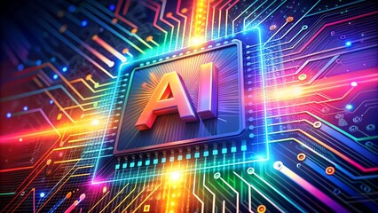 Poster - AI Word on Microchip with Colorful Light Beams - AI Concept Banner