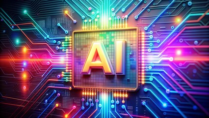 Poster - AI Word on Microchip with Colorful Light Beams - AI Concept Banner