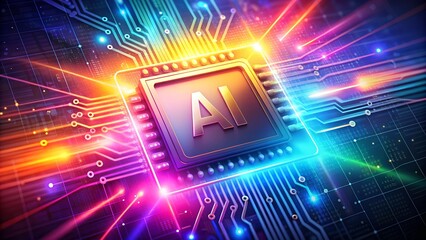 Poster - AI Word on Microchip with Colorful Light Beams - AI Concept Banner