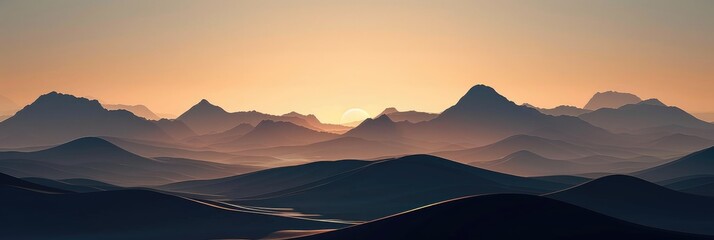 Wall Mural - Silhouettes of Mountain Ranges in the Desert at Sunrise