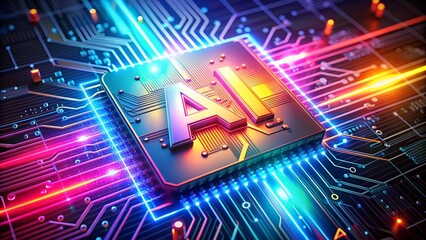 Poster - AI Word on Microchip with Colorful Light Beams - AI Concept Banner