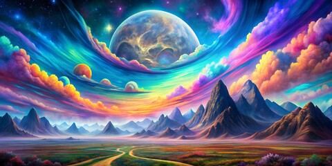 Wall Mural - Psychedelic art open landscape with clouds mountains and moon Illustration Generative By AI