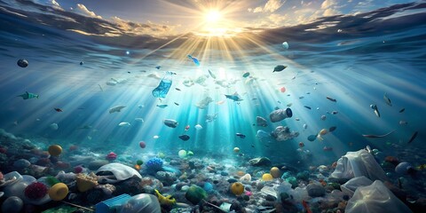 Wall Mural - An animated scene of plastic waste floating in the ocean with rays of sunlight shining through them AI-Generated Content