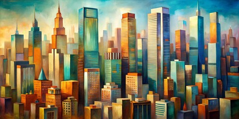 Wall Mural - Skyscrapers cityscape cubism oil painting AI-Created Content