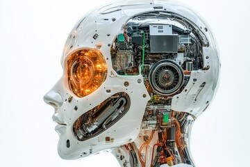 Poster - Artificial intelligence is showing its complex brain exposed on white background