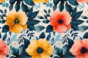 Poster - Seamless floral pattern featuring red and yellow flowers blooming