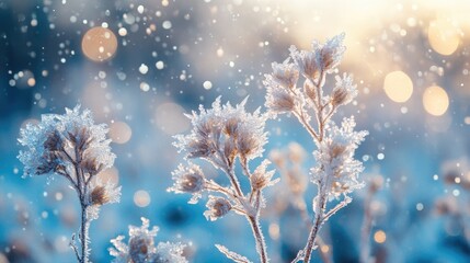 Poster - Frozen flower covered by snow on a sunny winter day