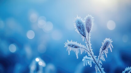 Poster - Frozen plant covered in ice crystals on a cold winter day