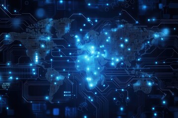 Aufkleber - World map circuit board showing global communication and technology