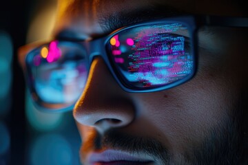 Leinwandbilder - Software developer working at night with code reflecting in his glasses