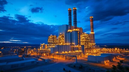 Wall Mural - A large industrial plant with tall smokestacks is lit up at night