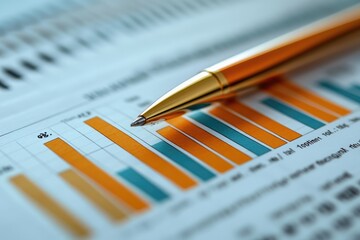 Poster - Golden pen pointing at growing bars on paper chart report, analyzing financial data
