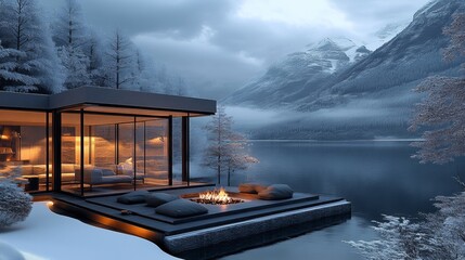 Wall Mural - A house with a fireplace and a lake in the background