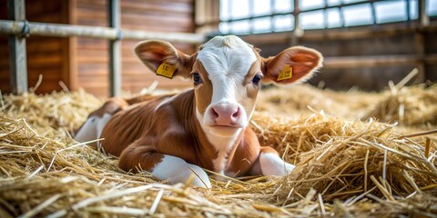 A cute newborn calf lies in the straw calf lies in straw inside a dairy farm in a barn A newborn calf lies on a bed of straw Gen