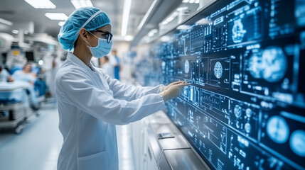 Wall Mural - scientist or doctor in uniform working with virtual screen in hospital laboratory