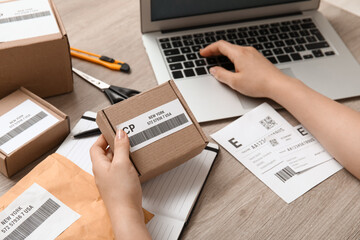 Wall Mural - Female postal worker with parcel using laptop on table, closeup