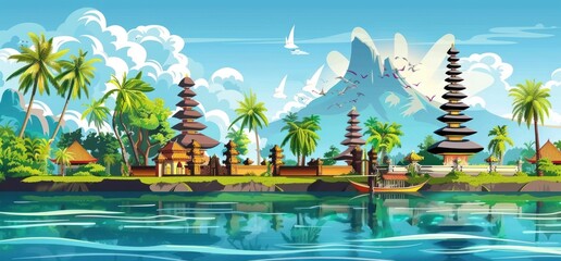 Scenic depiction of Bali, Indonesia featuring renowned international landmarks.