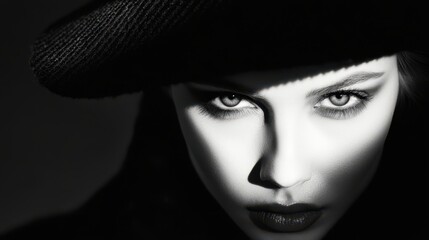 Wall Mural - Intense Black and White Portrait of a Woman in a Hat with Dramatic Shadows and Piercing Eyes