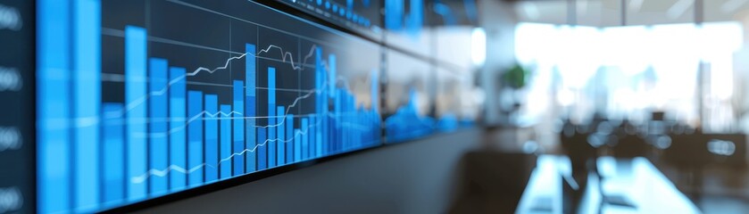 Poster - Modern office with digital financial charts on a large display, showcasing data analysis, business growth, and market trends.