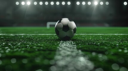 Soccer ball on a field under bright stadium lights, depicting a night football match atmosphere with focus on the ball and blurred background.