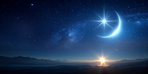 Wall Mural - Dark night scene with distant moon and a star AI-Created Content
