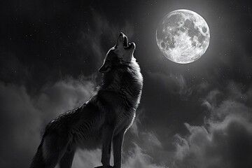 Naklejka na meble Lone wolf is howling at the full moon in a dark starry night
