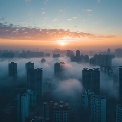 Sticker - Futuristic City Skyline at Dawn Shrouded in Gentle Morning Fog