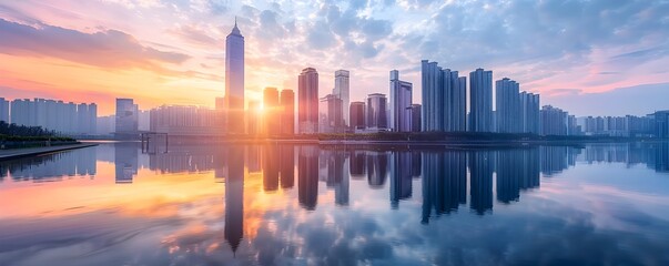 Wall Mural - Mesmerizing Cityscape Reflected on Tranquil River at Sunset