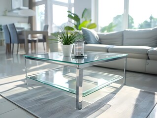 Poster - bright and airy modern glass table with minimalist metal frame in living room