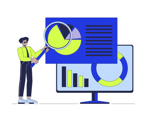 Poster - Analytics magnifying glass 2D illustration concept. Enlarging loupe analyst computer cartoon character isolated on white. Analysis data in product management metaphor abstract flat vector graphic