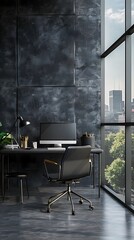 Poster - sleek black office desk with contemporary tech accessories and empty display space