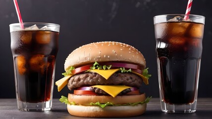 Two hamburgers and glass of black cola fizzy drink or beverage with ice. 