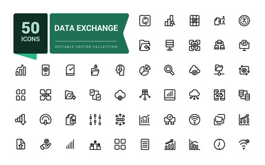 Poster - Set of line icons related to data exchange, traffic, files, cloud, server. Minimalist thin linear web ui icon set. Simple editable vector stroke illustration.