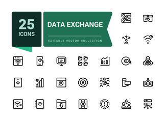 Poster - Set of line icons related to data exchange, traffic, files, cloud, server. Minimalist thin linear web ui icon set. Simple editable vector stroke illustration.