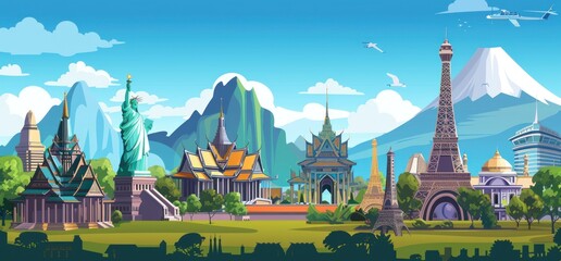 Creative cartoon depiction showcasing renowned world landmarks reimagined with Thai influences.