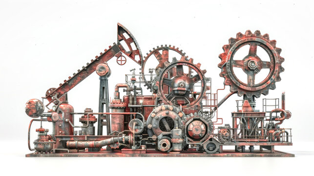 A detailed representation of an advanced mechanical plant designed for oil production, featuring impressive gears and machinery in a pristine white setting