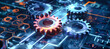 © Anoo - Interlocking gears spin and glow on a dark blue background with glowing hexagons and circuit lines, representing digital progress and interconnectedness