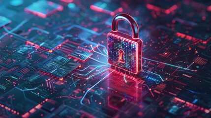 Poster - Cyber security concept. Lock, key hole on blue digital pattern background. Banner