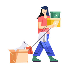 Sticker - A flat style character illustration of shopping girl with dog 

