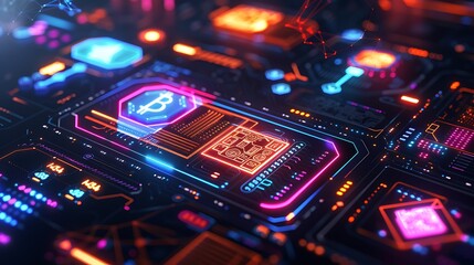 Poster - futuristic digital interface with blockchain icons and real-time transaction data