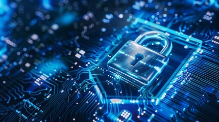 Poster - Cyber security concept. Lock, key hole on blue digital pattern background. Banner