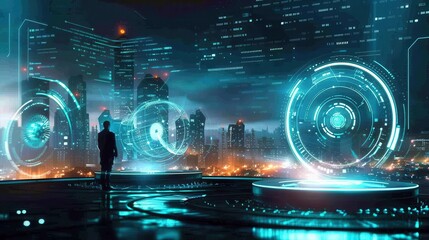 Futuristic Justice Show a futuristic cityscape with two holographic figures representing individuals in a conflict, each receiving retribution through advanced technology